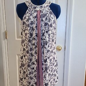 White Floral Halter Shift Dress with Navy Print and Red Trim